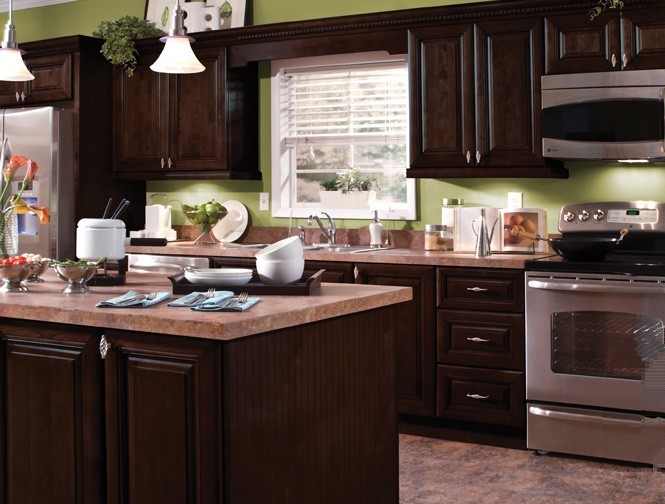 RTA Bristol Chocolate, raised center panel, full overlay, full extension soft close drawer glides, & dovetail drawers.