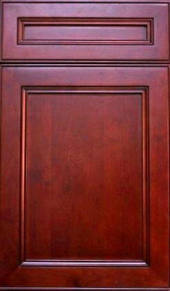 RTA York Cherry Shaker, full overlay, birch hardwood with cherry finish dark glaze in detail, recessed center panel, dovetail drawers, full extension soft close drawer glides.