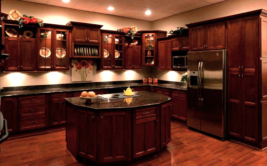 Shaker Cherry, RTA Maple cabinets, dovetail drawers, standard overlay, full extension soft close drawer glides.